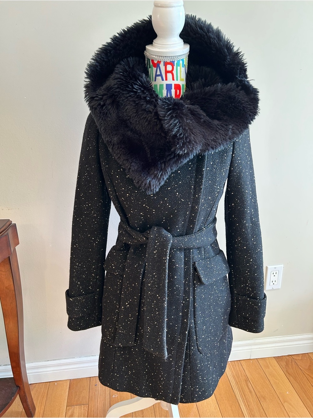 Ivanka Trump Black Speckled Belted Coat with Faux Fur Shawl Collar